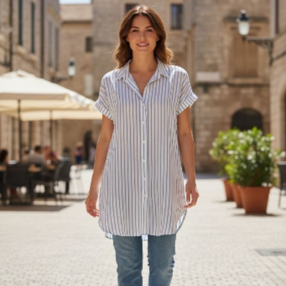 Calia Blue and White Striped Button-Down Dress